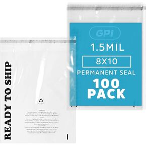 GPI - Pack of 100 8" x 10", Clear SELF Seal Poly Bags - 1.5 mil Polybags with Permanent Adhesive Strip & Suffocation Warning for Packaging T Shirts & Clothing. Perfect for Shipping Supplies with FBA