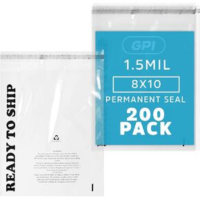GPI - Pack of 100 8" x 10", Clear SELF Seal Poly Bags - 1.5 mil Polybags with Permanent Adhesive Strip & Suffocation Warning for Packaging T Shirts & Clothing. Perfect for Shipping Supplies with FBA