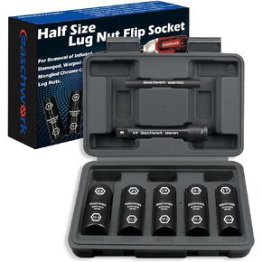 1/2-Inch Drive Half Size Thin Wall Impact Flip Lug Nut Flip Socket Set With Knockout Bar For Removal of Inflated, Damaged, Warped and Mangled Lug Nuts