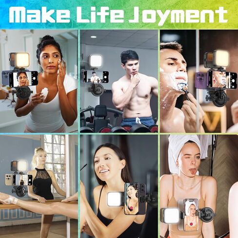 HzTinT Suction Cup Phone Mount with Rechargeable Light, Mirror Phone Holder with Light Shower Bathroom Kitchen, Mirror Tripod for TikTok YouTube Instagram Make Up Pics Video Content Creator in Saudi Arabia