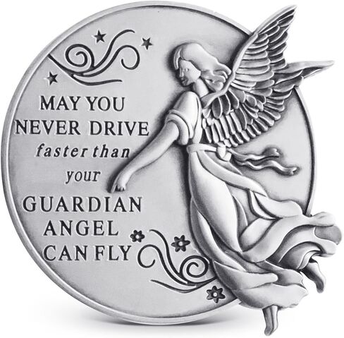 Guardian Angel Visor Clip For Car: 2-1/4 Inch Diameter Metal, Reads MAY YOU NEVER DRIVE FASTER THAN YOUR GUARDIAN ANGEL CAN FLY, Best Parents Gift Idea for New Driver & Loved Ones Cars (1) in Saudi Arabia