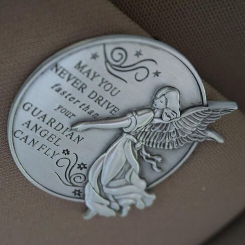Guardian Angel Visor Clip For Car: 2-1/4 Inch Diameter Metal, Reads MAY YOU NEVER DRIVE FASTER THAN YOUR GUARDIAN ANGEL CAN FLY, Best Parents Gift Idea for New Driver & Loved Ones Cars (1) in Saudi Arabia