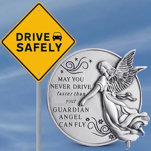 Guardian Angel Visor Clip For Car: 2-1/4 Inch Diameter Metal, Reads MAY YOU NEVER DRIVE FASTER THAN YOUR GUARDIAN ANGEL CAN FLY, Best Parents Gift Idea for New Driver & Loved Ones Cars (1) in Saudi Arabia