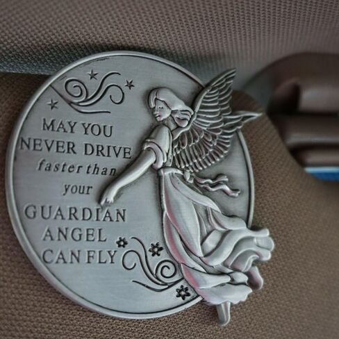 Guardian Angel Visor Clip For Car: 2-1/4 Inch Diameter Metal, Reads MAY YOU NEVER DRIVE FASTER THAN YOUR GUARDIAN ANGEL CAN FLY, Best Parents Gift Idea for New Driver & Loved Ones Cars (1) in Saudi Arabia