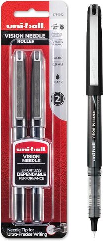 Uniball Vision Needle Rollerball Pens, Black Pens Pack of 2, Micro Pens with 0.5mm Ink, Ink Black Pen, Pens Fine Point Smooth Writing Pens, Bulk Pens, and Office Supplies in Saudi Arabia