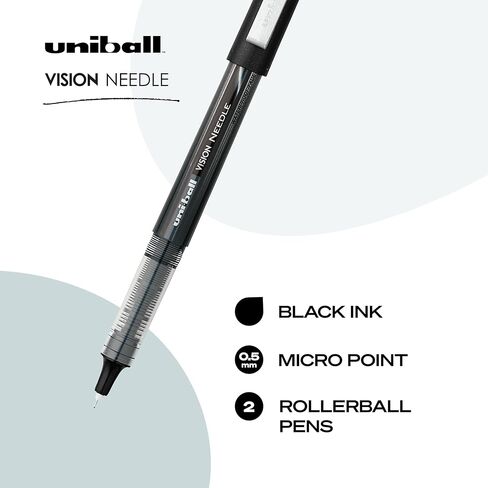 Uniball Vision Needle Rollerball Pens, Black Pens Pack of 2, Micro Pens with 0.5mm Ink, Ink Black Pen, Pens Fine Point Smooth Writing Pens, Bulk Pens, and Office Supplies in Saudi Arabia
