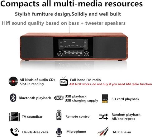 CD Player for Home with Bluetooth Stereo System Wooden Desktop Speakers FM Radio USB SD AUX Remote Control, 28 Inch Long 20 Pounds Weight in Kuwait
