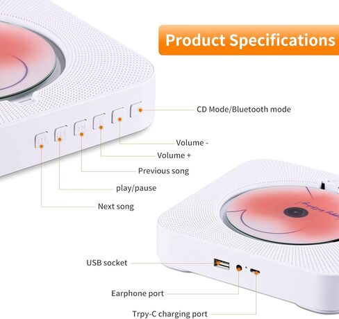 مشغل أقراص مضغوطة لطيف من Yintiny Boombox مع بلوتوث 5.0 لديكور المنزل، ومشغل أقراص مضغوطة محمول مع مكبرات صوت لتشغيل الموسيقى، وقارئ USB [أبيض] in Kuwait
