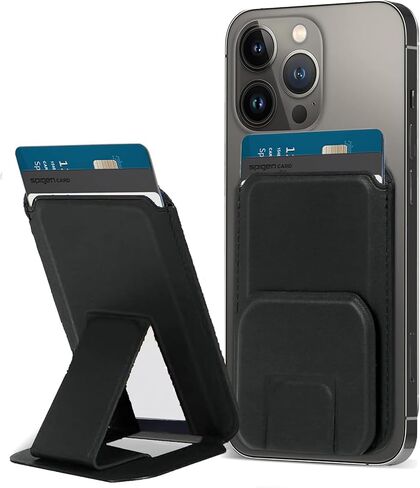 Mhvewi Magnetic Wallet Stand Compatible with iPhone 15/14/13/12 Series & Magsafe Case,Angle Adjustment, Store 1-2 Cards, Leather Magnetic iPhone Wallet, Black in Saudi Arabia