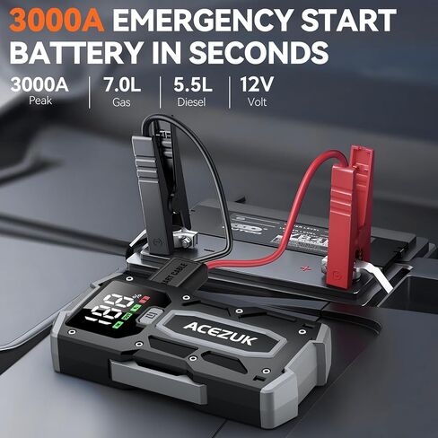 Car Jump Starter, 3000A 12V 8-in-1 Jump Starter Battery Pack, Up to 7.0L Gas & 5.5L Diesel Engines Quick Charge 3.0 Power Bank Jumper Cable with LED,Large Screen in Saudi Arabia