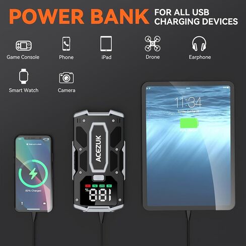 Car Jump Starter, 3000A 12V 8-in-1 Jump Starter Battery Pack, Up to 7.0L Gas & 5.5L Diesel Engines Quick Charge 3.0 Power Bank Jumper Cable with LED,Large Screen in Saudi Arabia