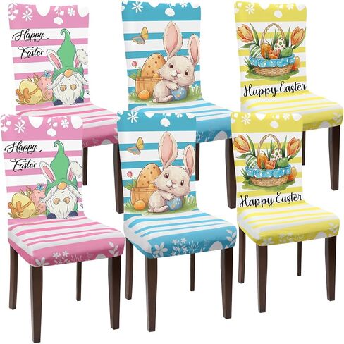 6 Pcs Easter Chair Covers Bunny Eggs Gnome Stretch Chair Slipcovers Spring Washable Removable Seat Covers Decorative Seat Protector for Dining Room Home Hotel Restaurant Kitchen Banquet Decor in Saudi Arabia
