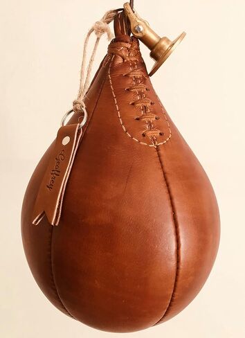 Retro Speed Punch Ball Bag with Brass Fitting Hanging | TAN Leather Vintage Boxing Training | Size 5 | GEOFFREY (Tan) in Saudi Arabia