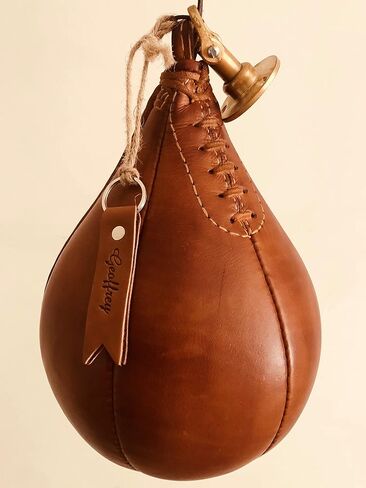 Retro Speed Punch Ball Bag with Brass Fitting Hanging | TAN Leather Vintage Boxing Training | Size 5 | GEOFFREY (Tan) in Saudi Arabia