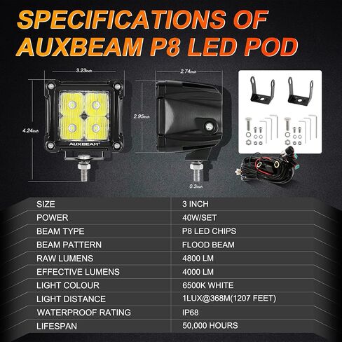 Auxbeam 3 بوصة LED Pods 40W 4800LM Flood Beam Light Bar الطرق الوعرة الأضواء الكاشفة LED مكعبات ضوء القرون العمل ضوء مربع القيادة ضوء الوفير أضواء لشاحنة جيب SUV ATV UTV سيارة، زوج in Saudi Arabia