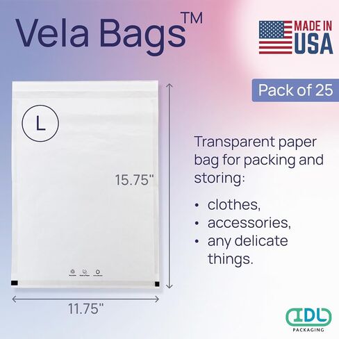 IDL Packaging Vela™ 11.75" x 15.75" Clear Paper Apparel Bag, (Pack of 25) - Large Size FSC-Certified Paper Bags with Resealable Tape - for T-Shirts, Sweatshirts, and Other Clothing in Saudi Arabia