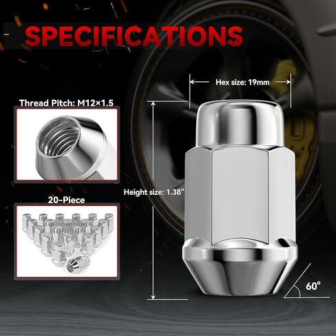 EZISOE 20 PCS M12x1.5 Wheel Lug Nuts, 1.4 inch Tall Acorn Bulge After-Market Lug Nut Set - M12X1.5 Thread, Chrome Finish, 3/4 Hex, 60 Degree Conical Seat in Saudi Arabia