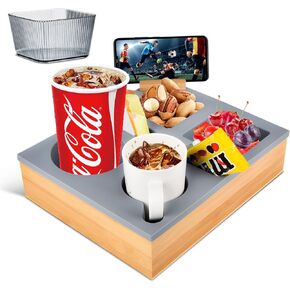 Couch Cup Holder Tray Couch Drink Holder Sofa Couch Caddy with Cup Holder, LAVAED Silicone Wooden Couch Buddy for Sofa Bed Car Seat Beach Outdoors Organizer Snacks Beverage Remote, Waterproof & Large