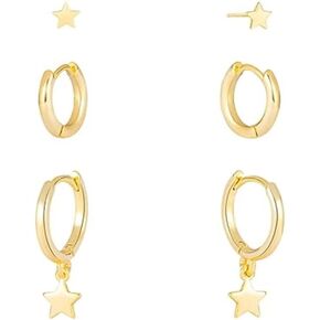 3 Gold Hoop Earrings SET 14K Gold Plated Earring Stacks Butterfly Heart Star Moon Bow Rhombus Pearl Hoop Charm Earrings Dangle for Women Trendy