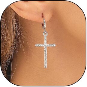 Dainty Silver Cross Earrings Vintage Cubic Zirconia Cross Hoop Earrings Lightweight Geometric Huggie Drop Earrings Jewelry Accessory for Women Wife