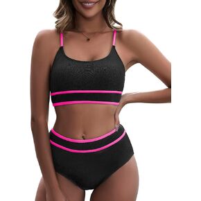 Century Star High Waisted Bikini Sets for Women Sporty Two Piece Swimsuit Ribbed Color Block Bathing Suit