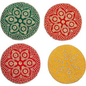 Set of 4 Decorative Mat Aasan Round Velvet Pooja Cloth with Sequence Work for Indian Traditional Multipurpose Pooja Festival Decorations Item & Article (Size :- 9" X 9")(Pink, Green, Red and Yellow)