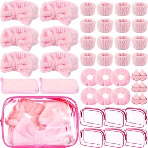 Hoteam 36 Pieces Spa Sleepover Party Supplies for Girls Makeup Party Supplies 6 Spa Headband 6 Wristband 6 Velvet Scrunchies 6 Makeup Remover Cloth 6 Powder Puffs 6 Clear Cosmetic Bags for Skincare