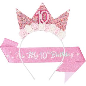 SuPoo 2nd Birthday Sash & Birthday Girl Headband Crown Set 2nd Birthday Decorations for Girl Flower Princess Tiara Glitter Pearl Hair Band 2 Year Old Happy Birthday Party Gift Outfit