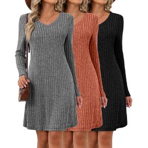 Riyiper 3 Pack Women's Long Sleeve Dresses, Knit V Neck Fall Winter Dresses Causal Loose Fit Sweater Tunic Dresses(Black, Dark Gray, Caramel,Large)
