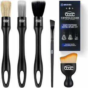Crystal Clean 5pcs Car Detailing Brush Set -2pcs Nailon Car Detailing Brushes,2pcs Ultra Soft No Scratch Detailing Brush for Air Vent,Leather Seat - 1pc Large Detail Brush for Interior Exterior