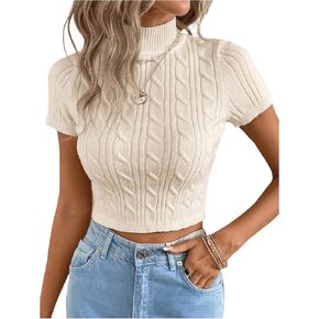 MakeMeChic Women's Cable Knit Mock Neck Short Sleeve Slim Fitted Crop Tops Sweater Pullover