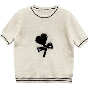 MakeMeChic Women's Contrast Binding Heart Pearls Sweater Crew Neck Short Sleeve Knit Pullover Top