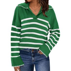 Bloggerlove Women's V Neck Striped Sweaters Fall Oversized Collared Long Sleeve Chunky Knit Pullover Sweater 2024 Tops