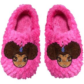 Afro Puff Unicorn Hot Pink Plush Slipper - Light Brown with Brown Hair