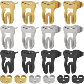 12pcs Titanium Steel Funny Tooth Earrings Punk Teeth Stud Earrings Personalized Minimalist Punk Earrings Set for Women Dentist Doctor Nurse Fashion Statement Gifts, 3 Colors