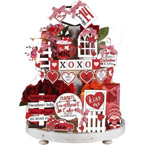 Ferraycle 24 Pcs Valentine's Day Tiered Tray Decorations Farmhouse Gnome Heart Wooden Table Sign Rustic Tiered Tray Decorations for Home Decor(Cute)