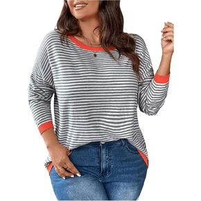 MakeMeChic Women's Plus Size Striped Contrast Binding Sweater Long Sleeve Round Neck Knit Tops
