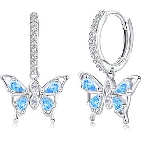 Butterfly Earrings 925 Sterling Silver Butterfly Huggie Hoop Earrings for Women CZ Dangle Hoop Earrings Butterfly Birthstone Jewelry for Mother's Day Valentine Birthday Gifts