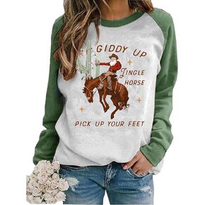jusgai Cowboy Christmas Sweatshirts Women Giddy Up Jingle Horse Pick Up Your Feet Print Pullover Santa Cactus Country Top