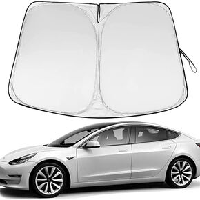 Windshield Sunshade for Tesla Model 3 Model Y, Tesla Front Window Shade with Storage Pouch, 240T Reflective Polyester Double Sun Heat Protection, Tesla Model 3/Y Accessories