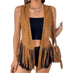 MakeMeChic Women's Plus Size Open Front Vest Jacket Fringe Hem Faux Suede Sleeveless Jackets Cowgirl Outfits