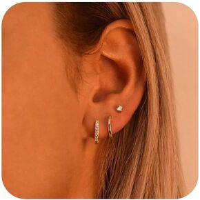 Gold Earrings for Women, Dainty CZ Stud Earrings Set 14K Gold Plated Flat Back Stud Earrings Small Gold Hoop Earrings Hypoallergenic Cute Cartilage Earrings for Women Trendy Cute Jewelry Set