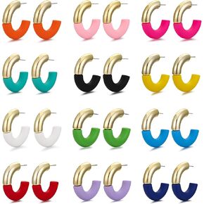 BOMAIL 12 Pairs Chunky Hoop Earrings for Women Thick Gold Circle Open Huggie Hoops Colorful Acrylic Hoop Earrings Set Jewelry