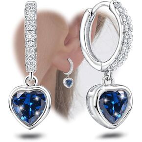 Blue Heart Hoop Earrings with Dangle Sterling Silver Love Heart-Shaped Earrings Trendy Hypoallergenic Cubic Zirconia Hoop Earrings with Dangling Charms Dainty Fashion Loop Earrings for Women Gifts