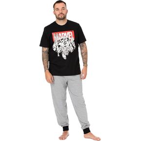 Marvel Superhero Mens Pajamas | Adults Black Distressed Long Leg Loungewear Pants & Short Sleeve T-Shirt Complete PJ Set