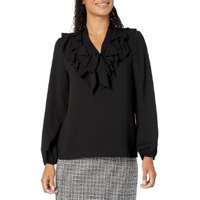 Kasper Women's L/S Ruffled Blouse W/TIE-Front, Black