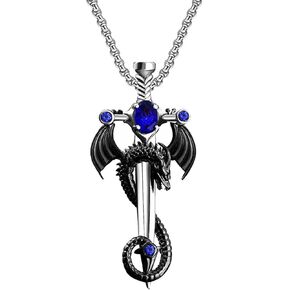 Gothic Sword Dragon Necklace Vintage Dragon Wrapped Sword Cross Pendant Necklace Punk Hip Hop Style Necklace Green Blue Red Zirconia Dragon Necklace Halloween Christmas Birthday Jewelry for Men and Women