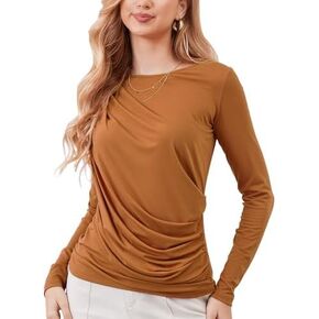 M.Infisavo Women Ruched Blouse Elegant Crew Neck Long Sleeve Business Casual Work Knit Top