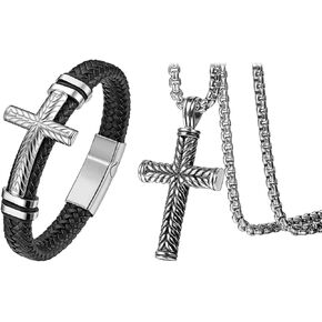 Cupimatch 2 Pcs Men's Cross Pendant Necklace Leather Bracelet Set, Stainless Steel 22 inch Chian 8.3 inch Braided Bangle Jewelry
