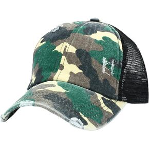 Multicolor Camouflage Vintage Mesh Ponytail Trucker Hat, Distressed Ripped Washed Adjustable Baseball Cap Fishing
